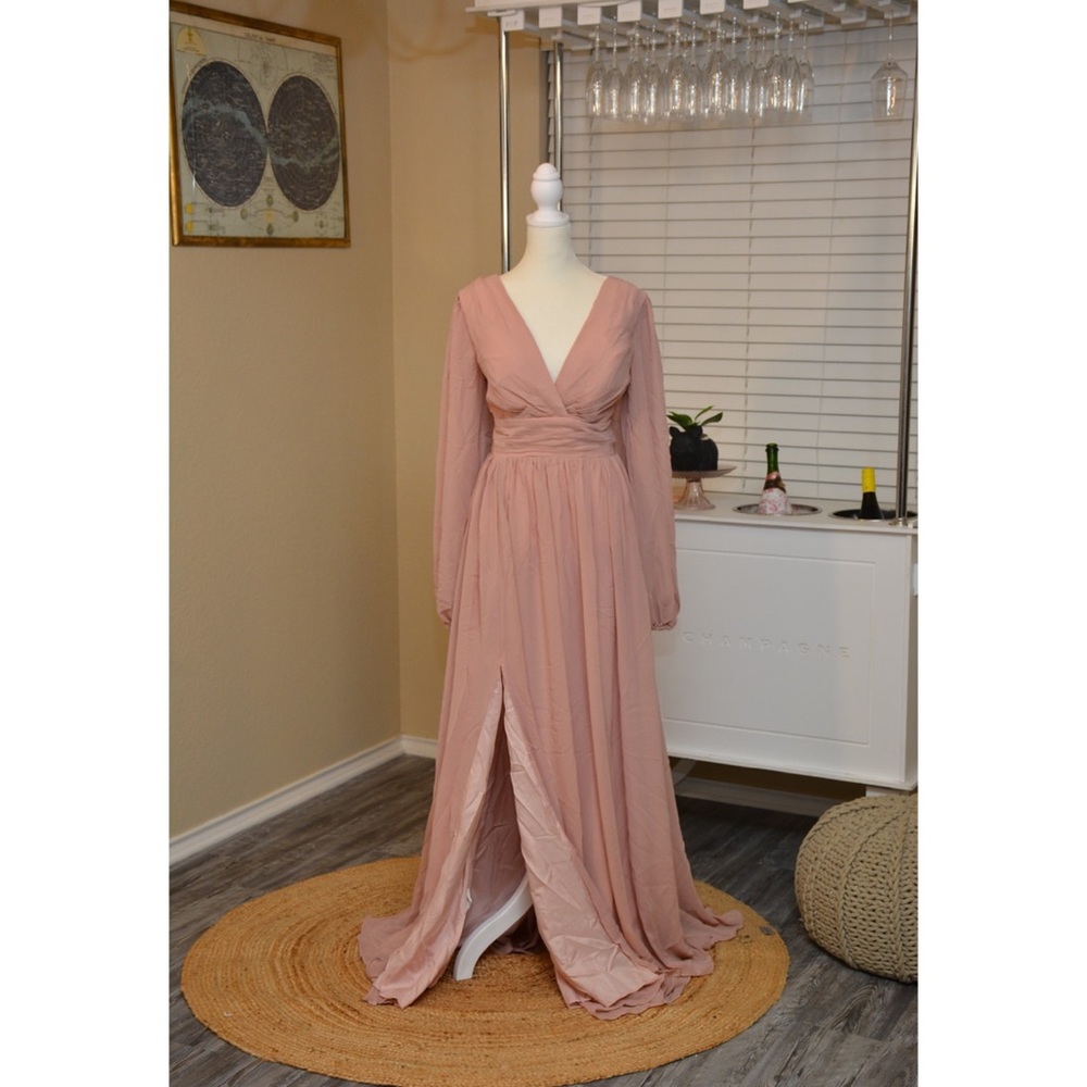 Dusty rose V- Neck Long Sleeve Bridesmaid Dresses with Slit Chiffon Ruched A L…